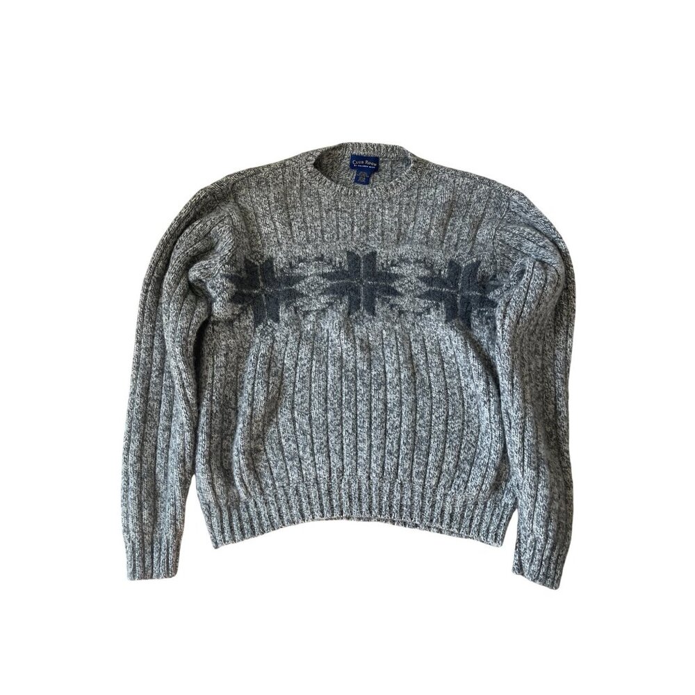 Club Room Mens Wool Blend Ribbed Snowflake Sweater Grey Large Nordic Pullover